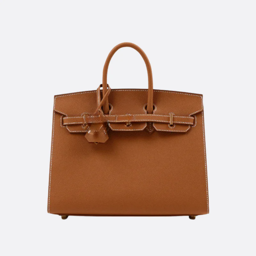 Tasche 25 Brk HSS Cr / GryTr aus Tg-Leder mit gebürsteten goldfarbenen Beschlägen